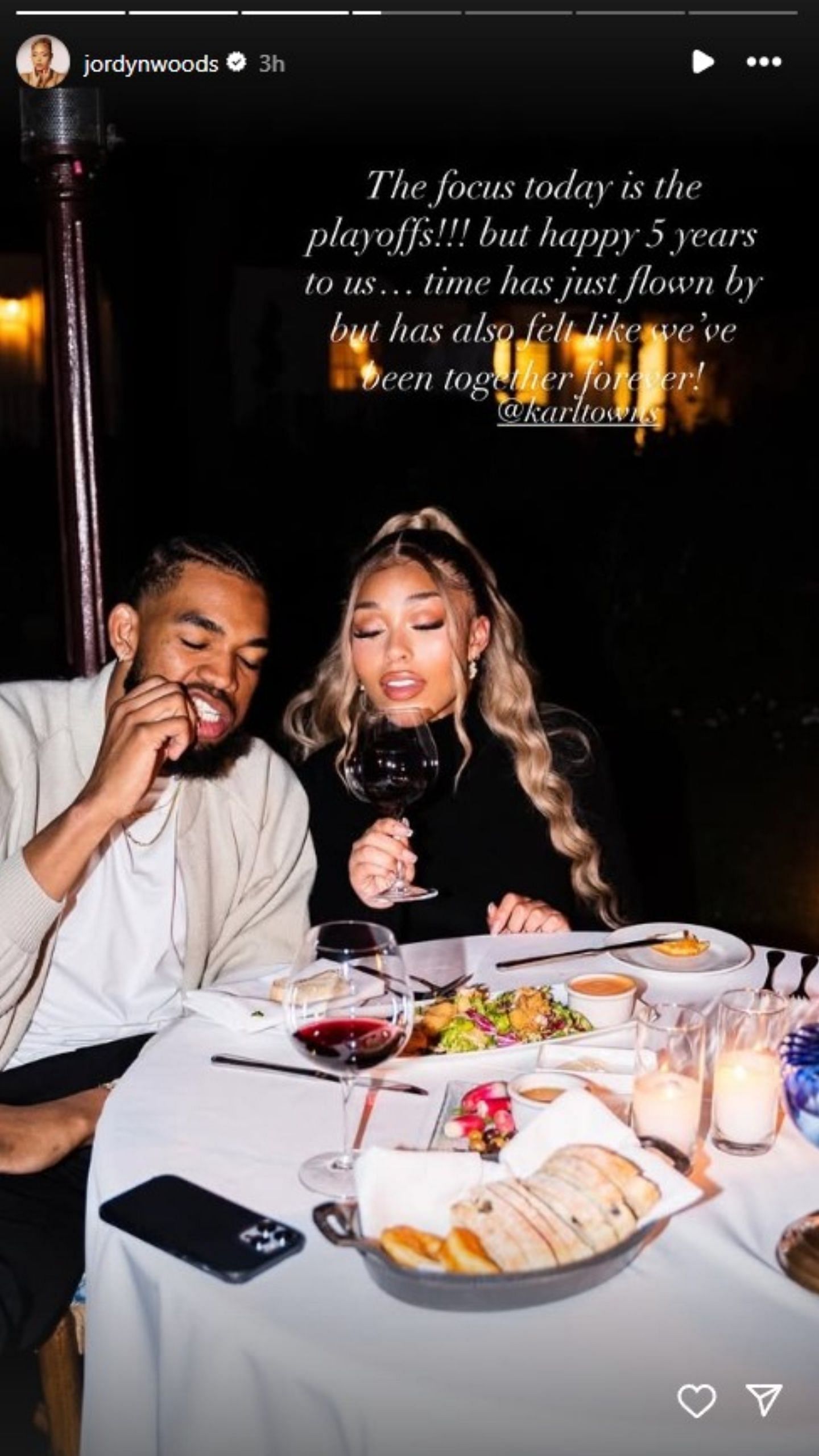 Woods celebrated her fifth anniversary with Towns.